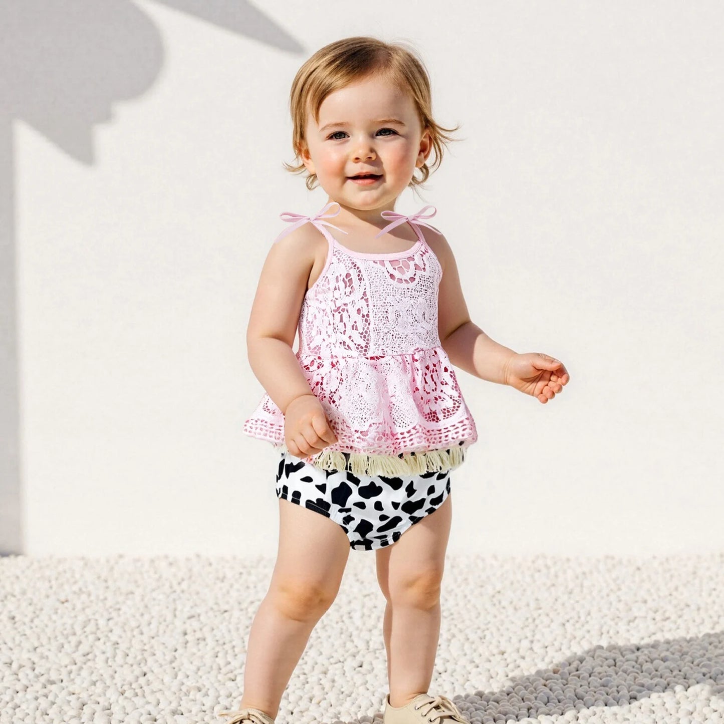 Baby Girls Summer Outfit Set - Floral Lace Tie Strap Camisole & Tassel Shorts (0-18M)