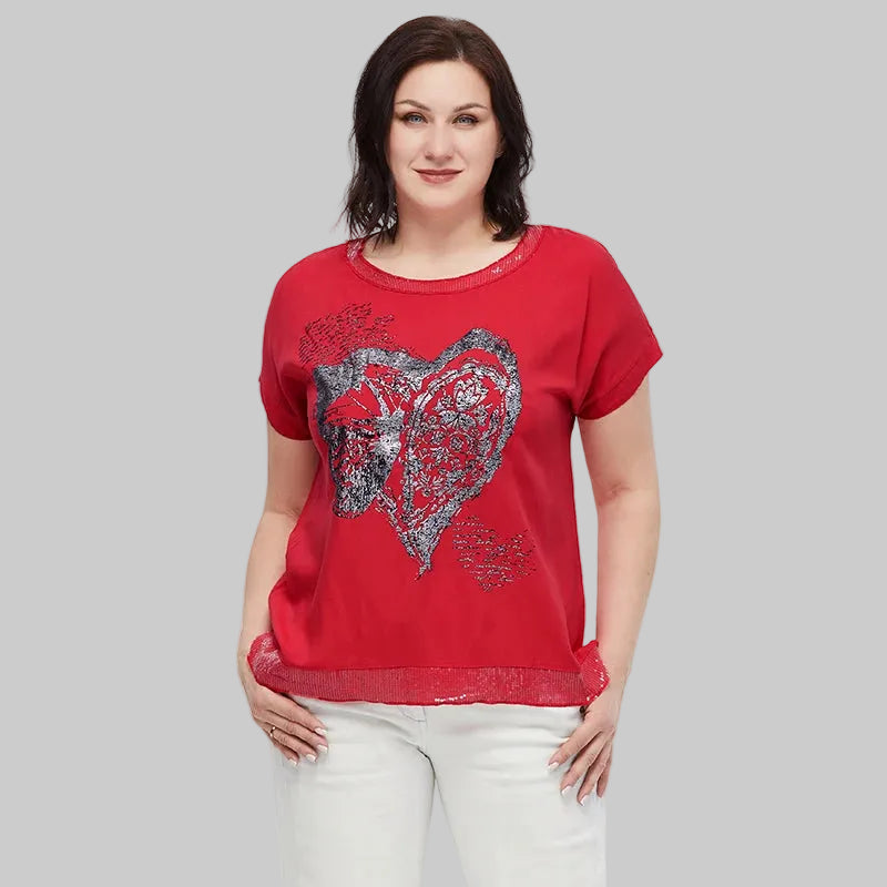 Women's Oversized Short Sleeve Sequin Print Cotton Top