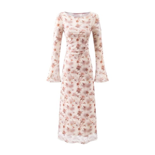 Women's French Retro Printed Boat Neck Dress - Trumpet Sleeve Long Dress