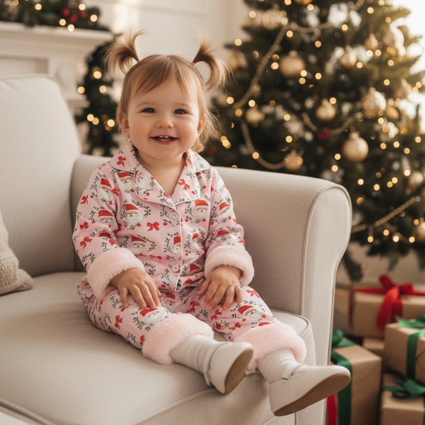 Toddler Girls Christmas Pajamas Set - Santa Claus Bow Print Long Sleeve Top & Pants 1-5Y