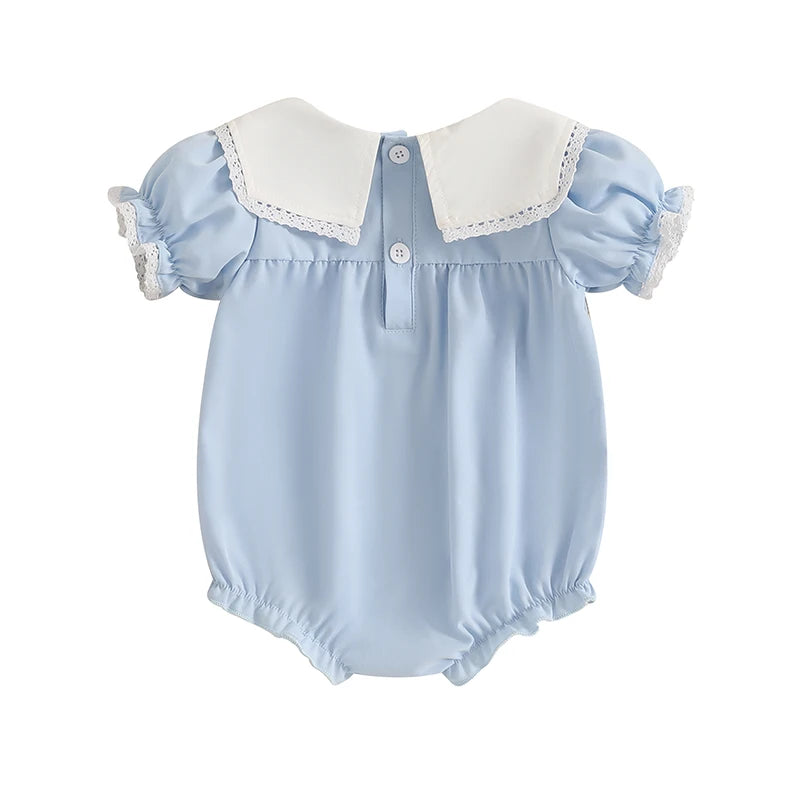 Baby Girls Easter Romper - Lace Ruffled Rabbit Embroidery Short Sleeve Bodysuit