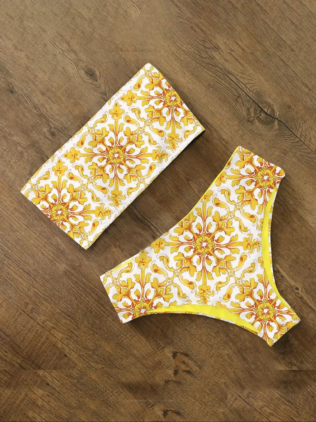 Rhinestone Bandage Bikini Set - High Waist Print Swimwear