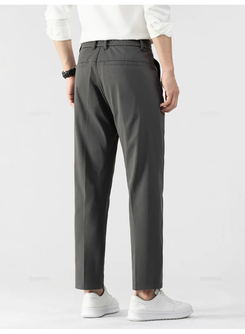 Men's Ankle-Length Straight Leg Trousers | Elastic Waist | Sash Detail | Midweight | All Season | Smart Casual