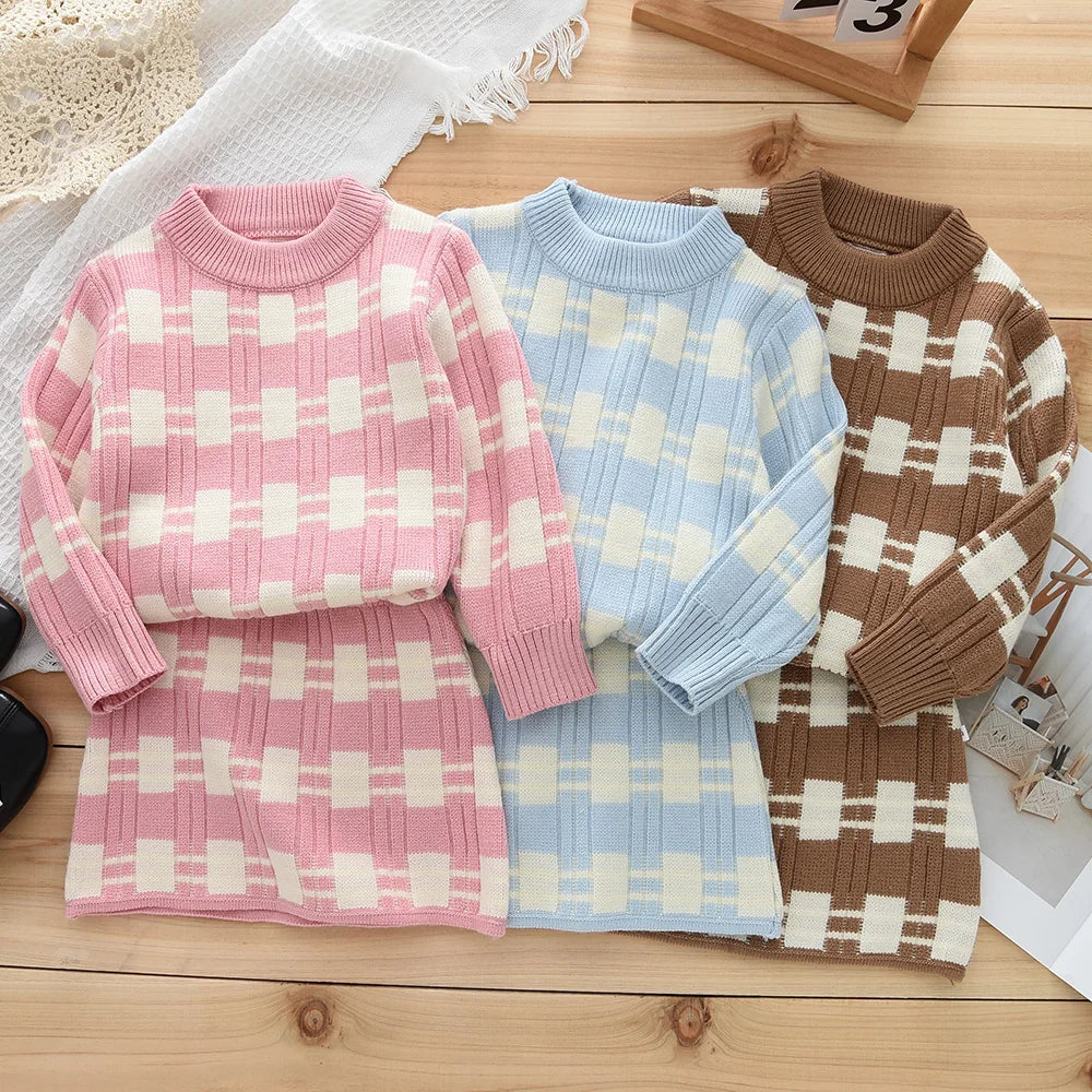 Girl's Colour Blocked Sweater Set Girls Long Sleeved Top and elastic Short Skirt 2-piece Set