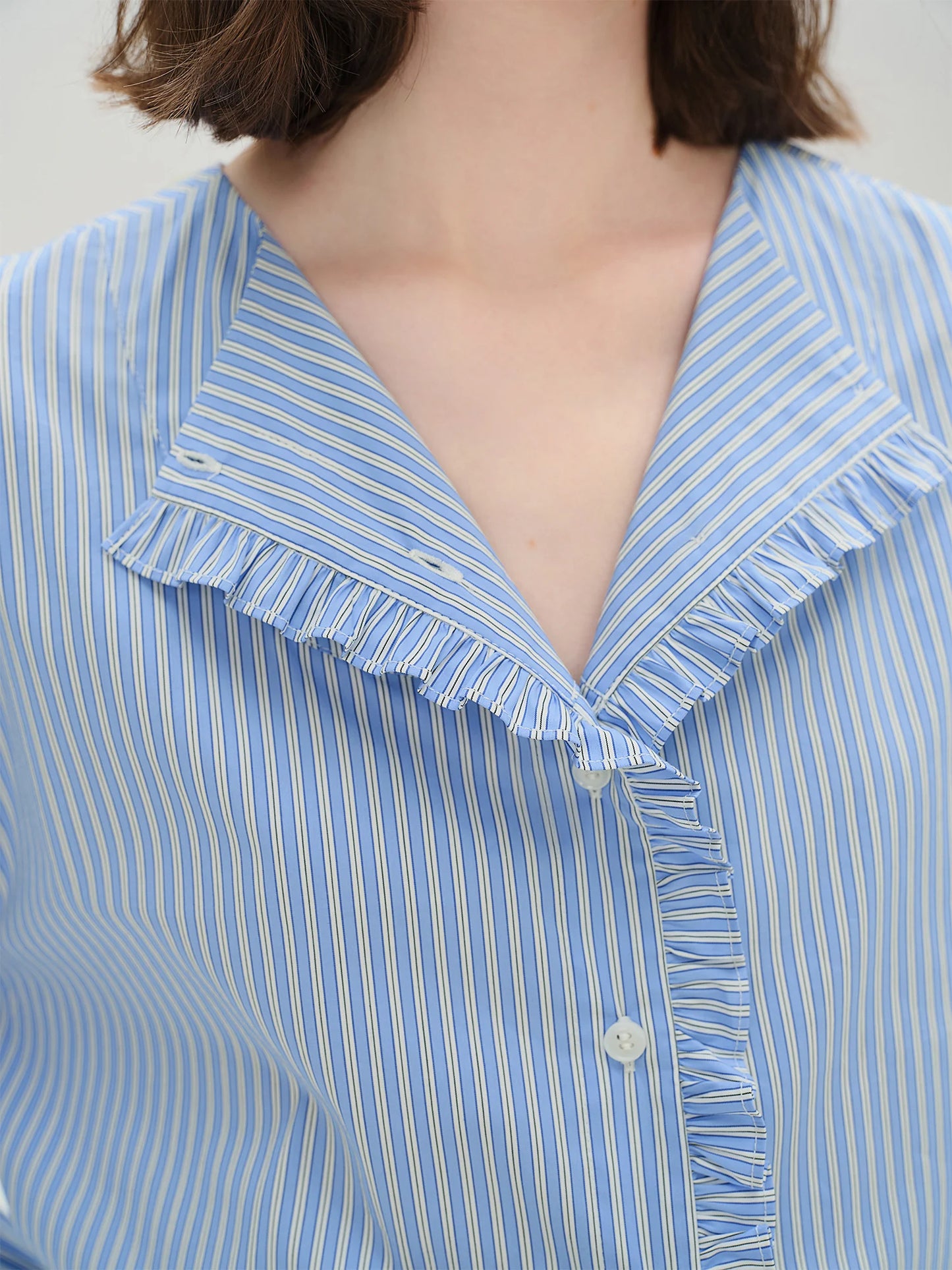 Plus Size Striped Shirt & Skirt Set with Wooden Collar Detail