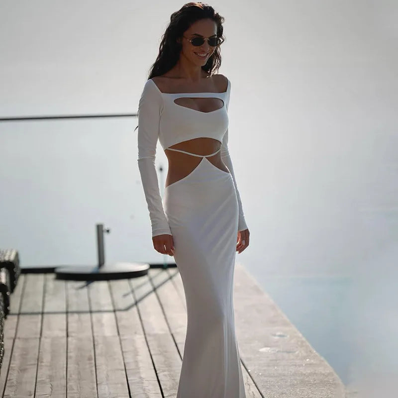 Women's Off Shoulder Cut Out Maxi Dress - Bandage Long Sleeve Gown