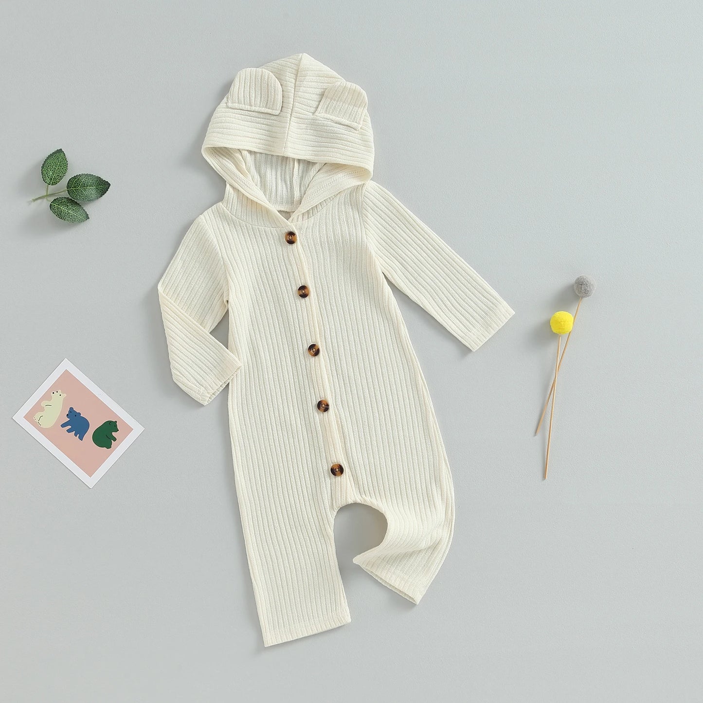 0-12M Autumn Baby Romper - Solid Colour Long Sleeve Hooded Jumpsuit for Boys & Girls