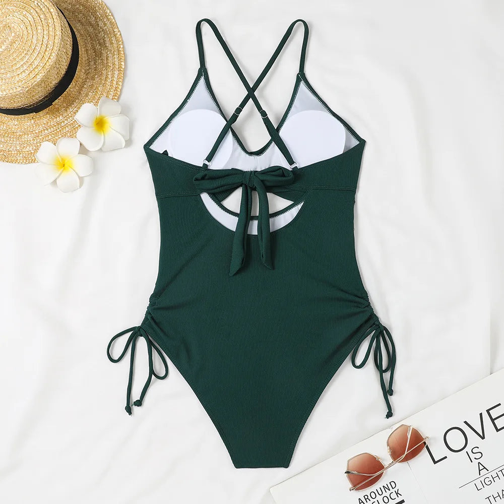 Women's Cut Out Halter One Piece Swimsuit Drawstring Swimwear