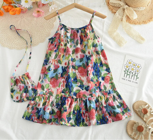 3-7 Years Baby Girl's Summer Floral Suspender Dress with Bag 2 Pieces Set