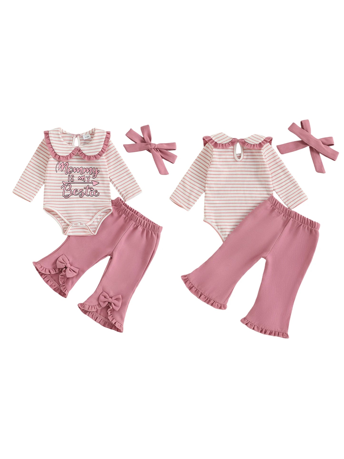 Baby Girls Striped Outfit Set - 3-Piece Long Sleeve Doll Collar Jumpsuit, Flared Pants & Headband (0-18M)