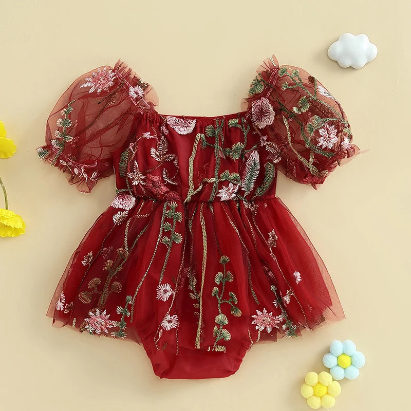 Baby Girls Princess Romper Dress - Flower Embroidery Mesh Skirt Bodysuit