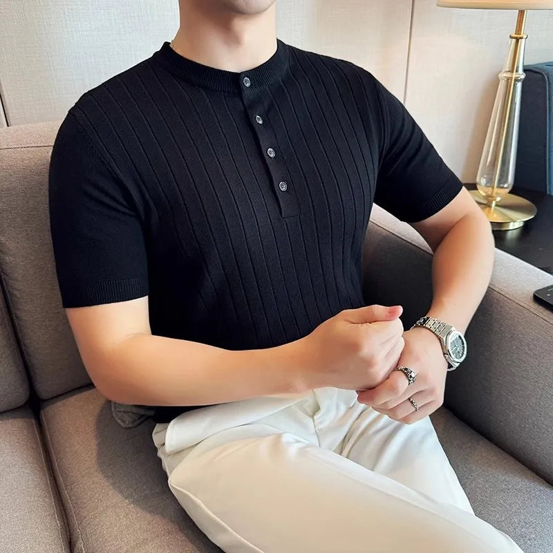 Men's Summer knitted Polo Short Sleeve Smart Casual Henry Collar Slim Fit Knit Shirt