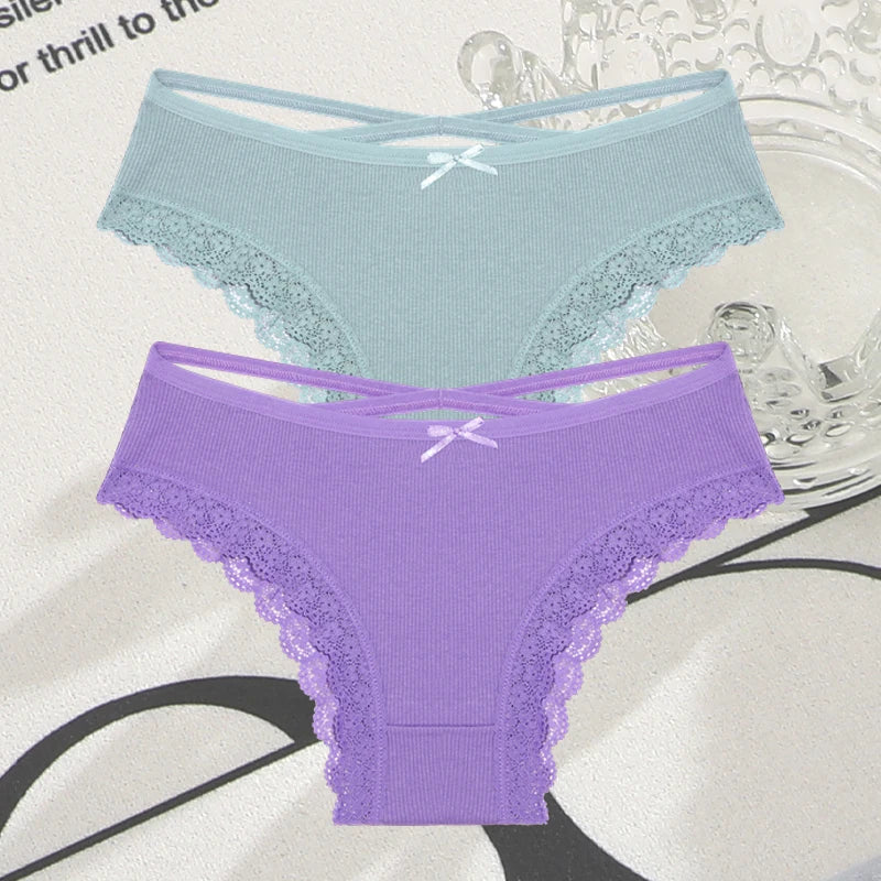 Women's Cotton Panties - 2 Pack Lace Brazilian Briefs Low-Waist