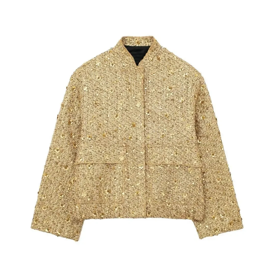 Women's Glitter Chic  Sequined  Long Sleeve Gold  Bomber Jacket