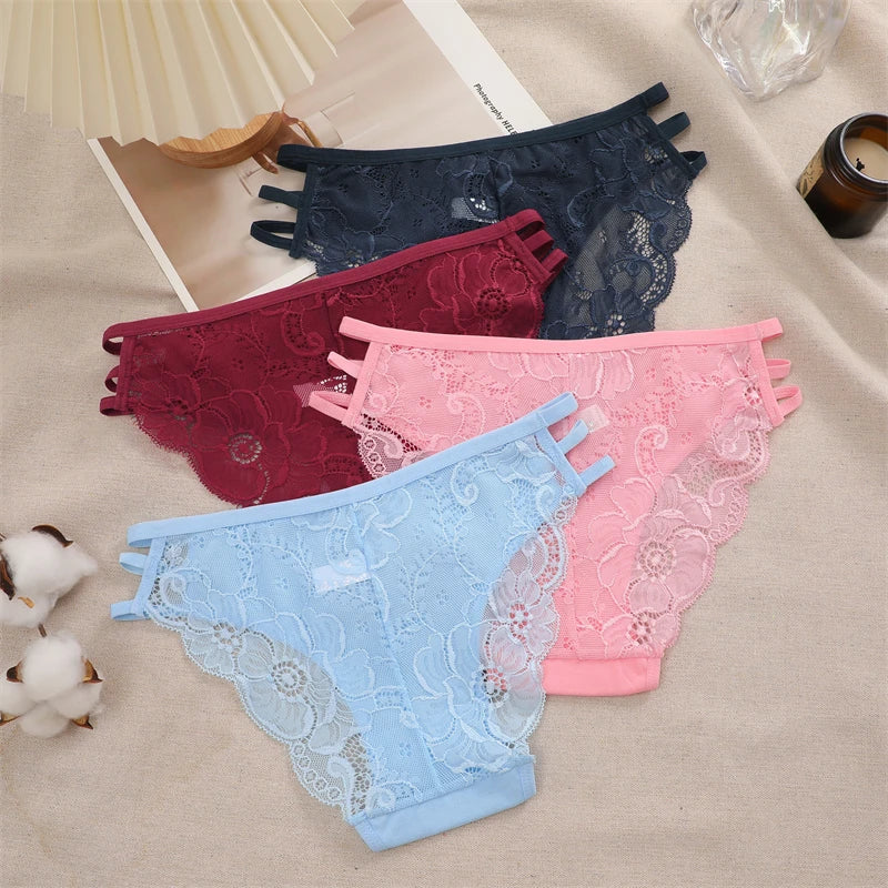 Women's 3PCS Lace Floral Underpants - Triple Belts Low-Waist Briefs Soft Lingerie