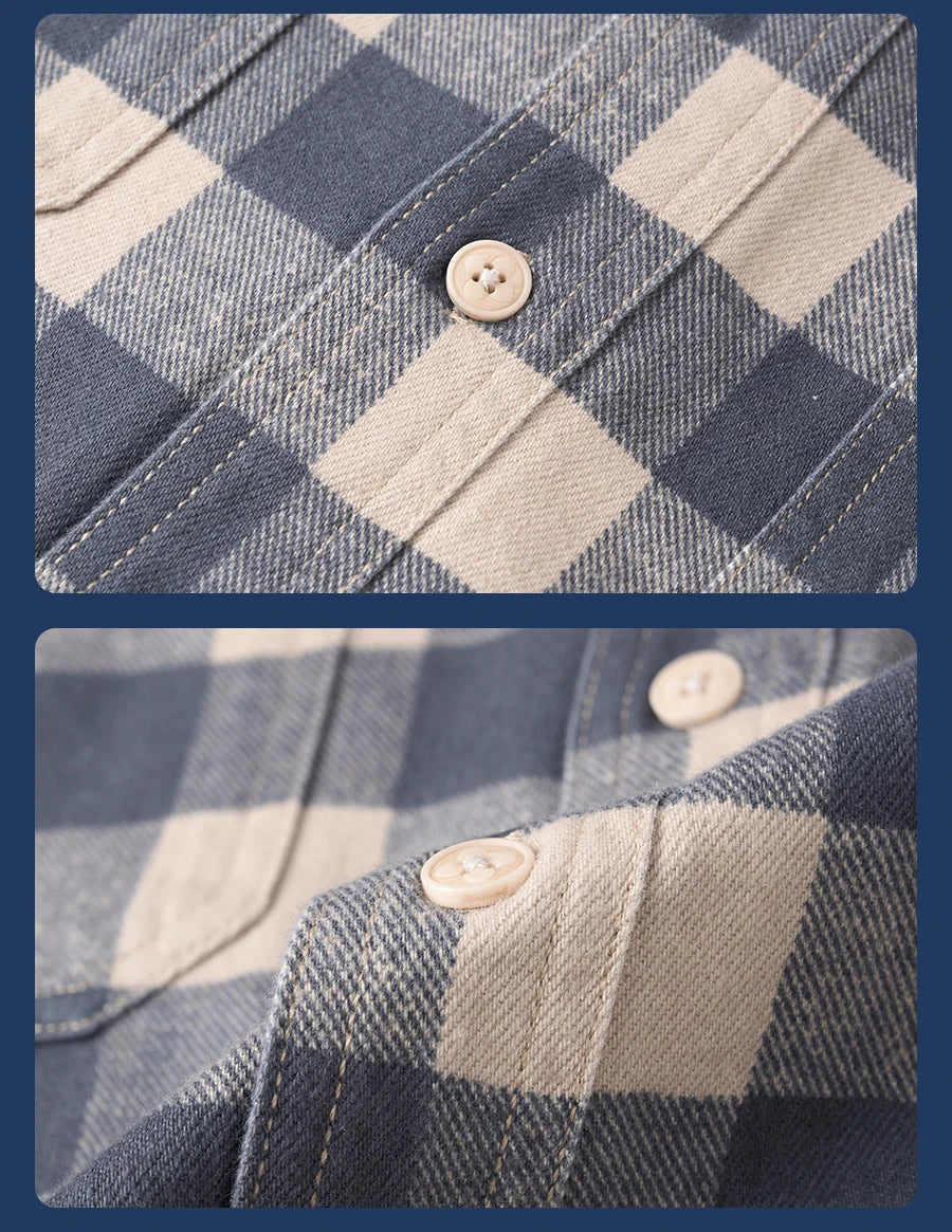 Men's Loose Plaid 8oz Washed Vintage Fabric Casual Check Shirt