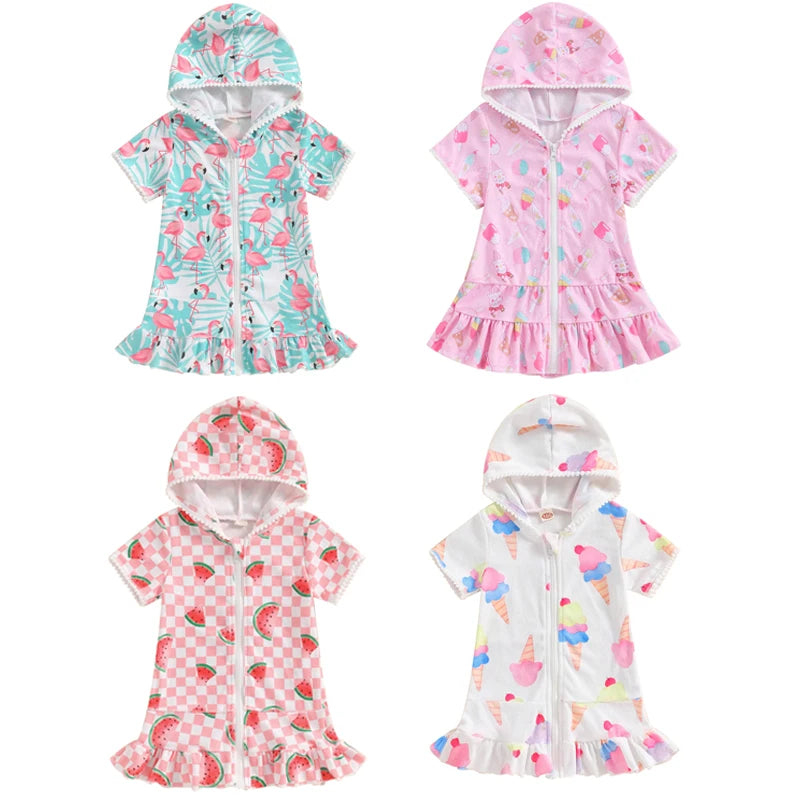 1-8Y Summer Kids Girls Beach Dress Watermelon Flamingo Ice Cream Print Hooded Zipper Closure Swimwear