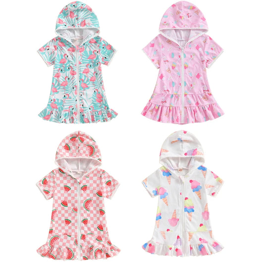 1-8Y Summer Kids Girls Beach Dress Watermelon Flamingo Ice Cream Print Hooded Zipper Closure Swimwear