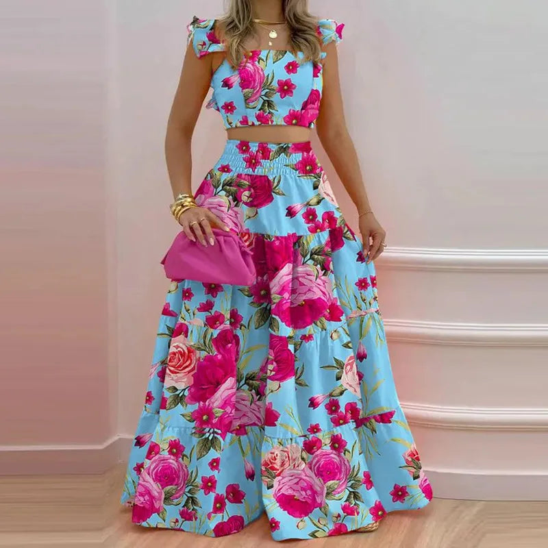 Women's Square Collar Flying Sleeve Ruched Crop Top & A-Line Ankle Skirt Set
