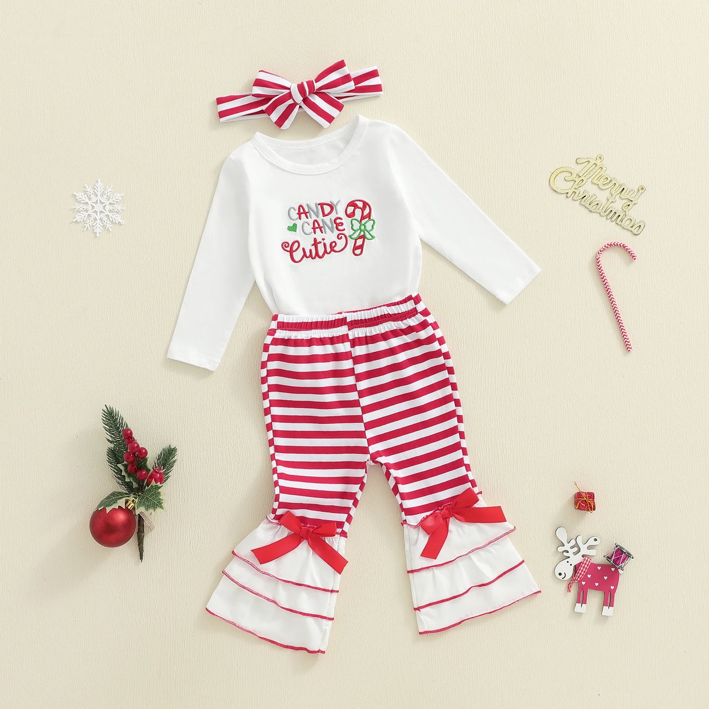 Baby Girls Christmas Outfit Set - Candy Cane Embroidery Long Sleeve Top, Flared Pants & Headband (0-3Y)