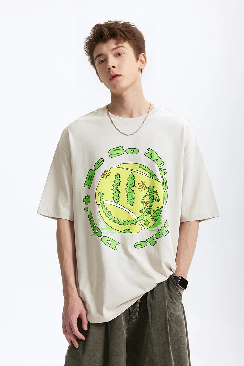 Men's Tennis Graphic Cotton T-Shirt American Vintage Tee Streetwear Loose Fit Crew Neck Short Sleeve