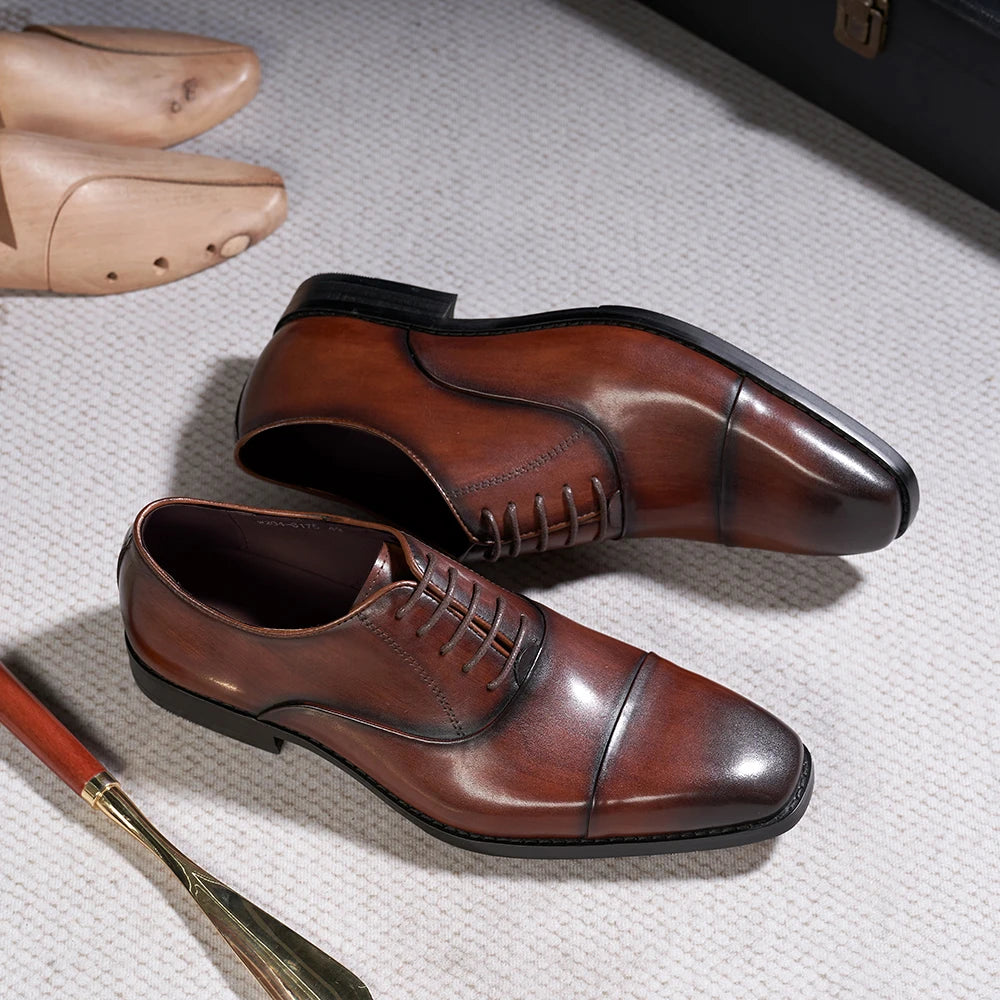 Men's Classic Lace-Up Oxfords Genuine Leather Cap Toe Wedding Party Formal Shoes