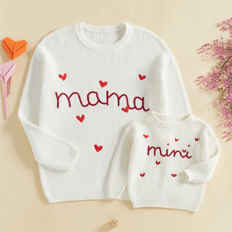 Mommy & Me Letter Heart Embroidery Matching Sweaters - Long Sleeve Round Neck Tops