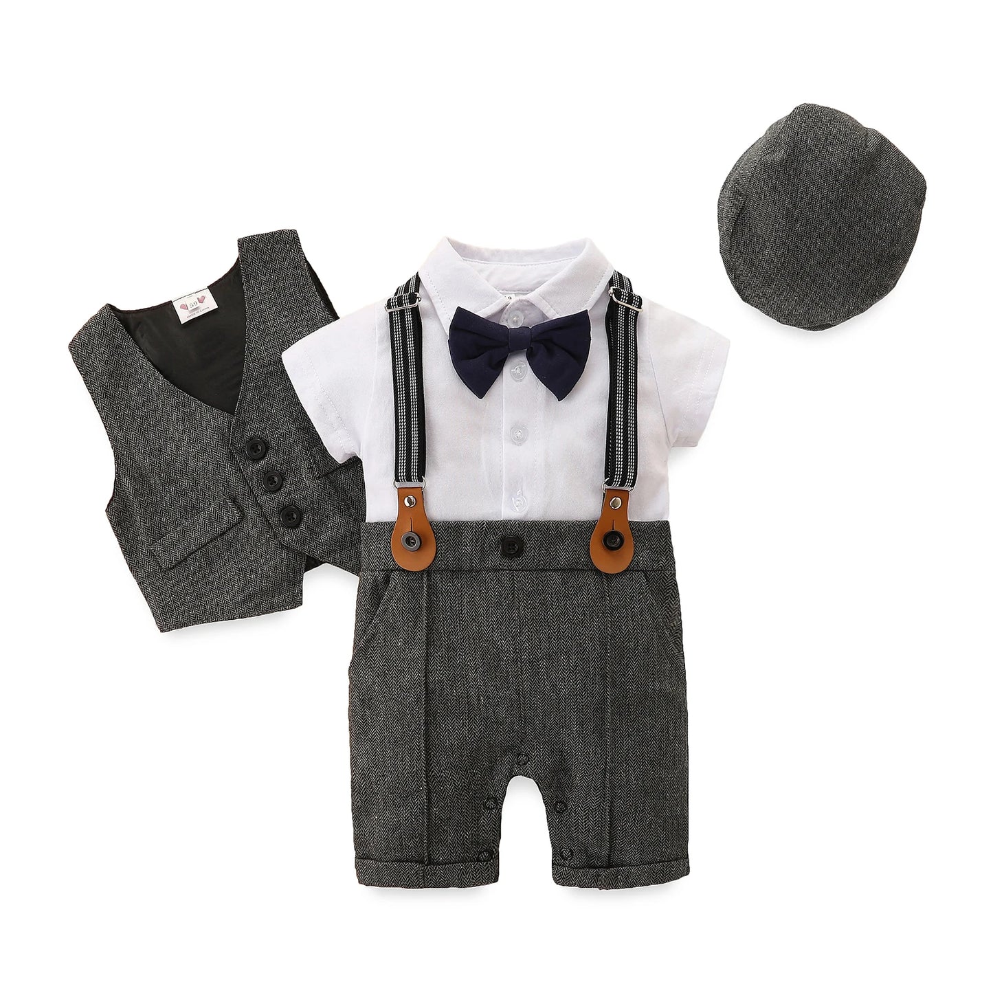 0-24M Baby Boys Gentleman Clothes Set - 3pcs Short Sleeve Patchwork Bow Romper ,Vest Coat and Hat