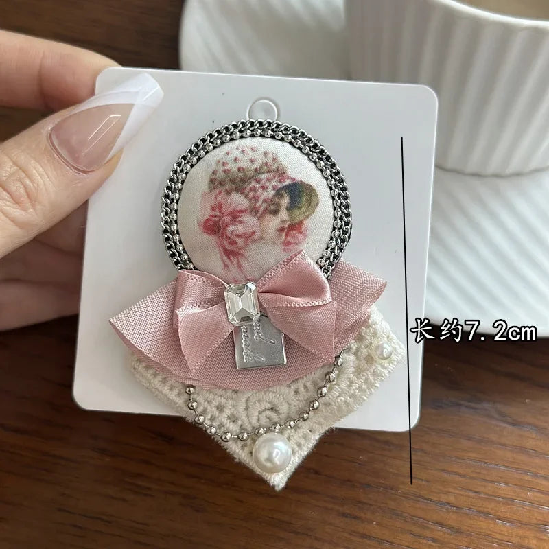 Rhinestone Pearl Badge Brooches - Pink Fabric Bow Lapel Pin for Women