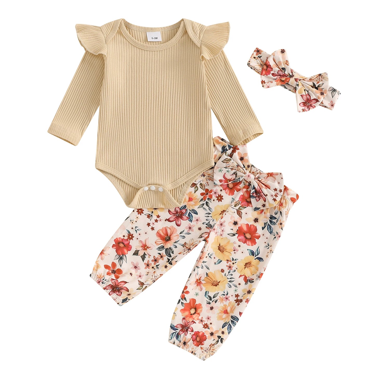 0-18M Baby Girls Fall Clothes Sets 3pcs Long Sleeve Ribbed Romper and Bow Front Pants and Headband
