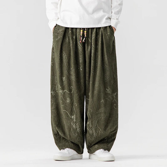 Men's Vintage Corduroy Harem Pants - Print Elastic Waist Loose Casual Trousers for Autumn Winter