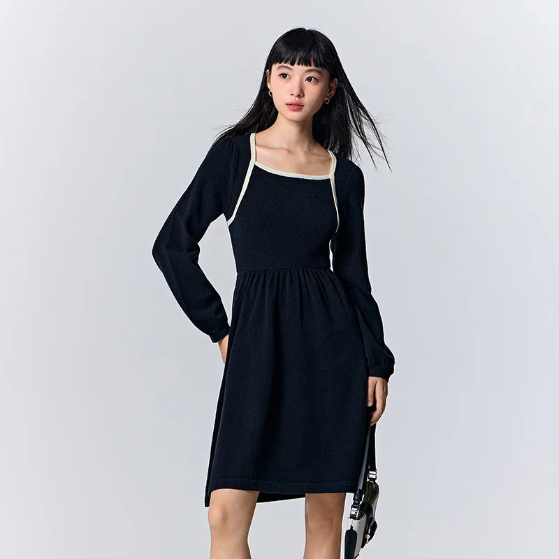 Women's Color Block Knit Dress - Square Neck French Style Slim Fit Winter 2025