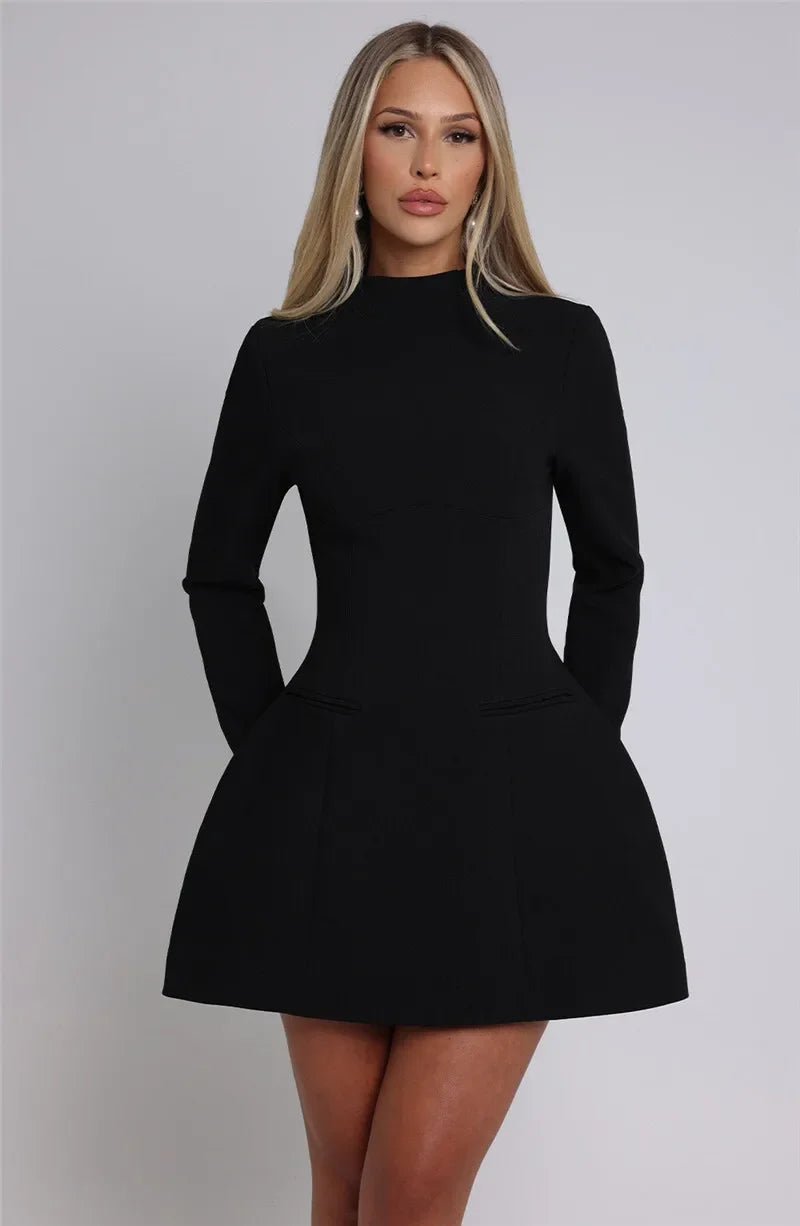 Women's Long Sleeve Backless Mini Round Neck High Waist A-line Bodycon Dress