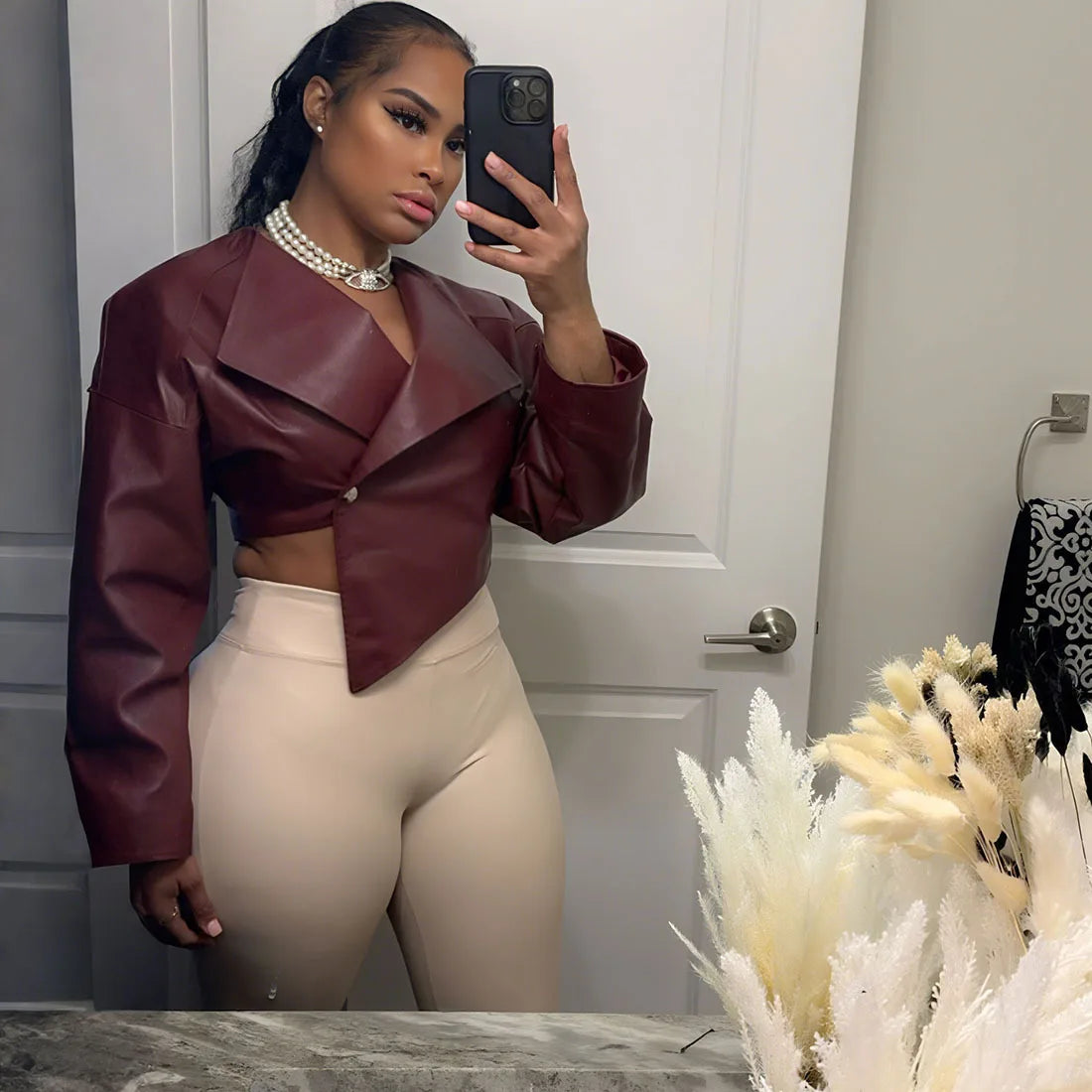 Women's PU Leather Cropped Jacket - Asymmetrical Single Button Coat