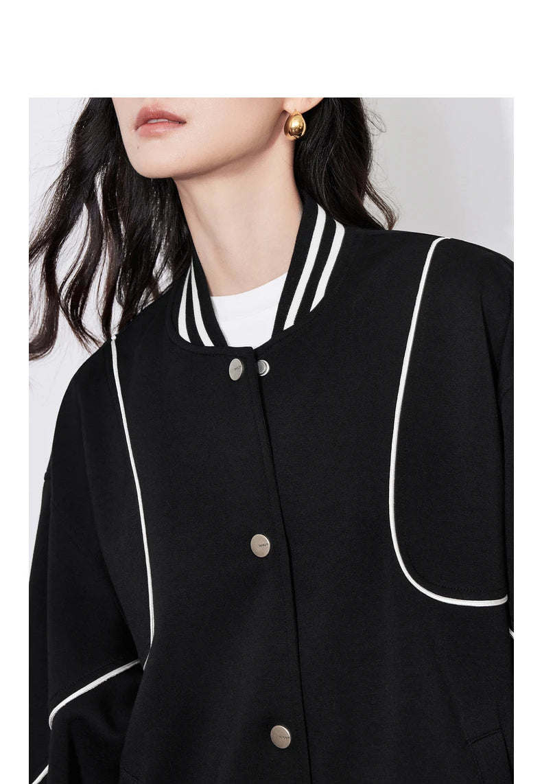 Women's College Style Contrast Colour Snap Button Long Sleeve Cardigan Baseball Jacket