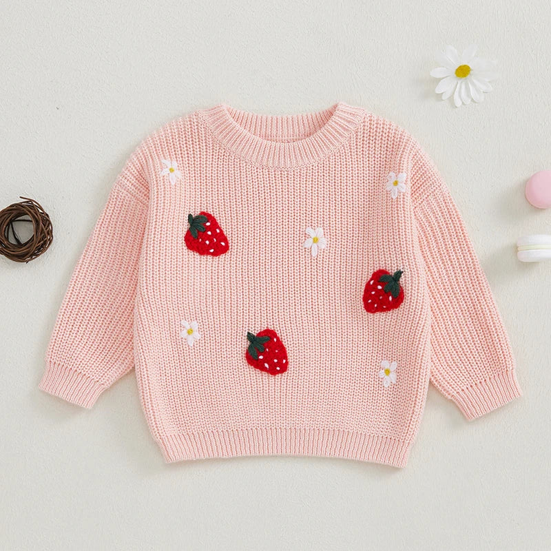 0-3Y Winter Baby Girls Lovely Knit Sweater - Long Sleeve Flower Fruit Embroidery Pullover Knitwear