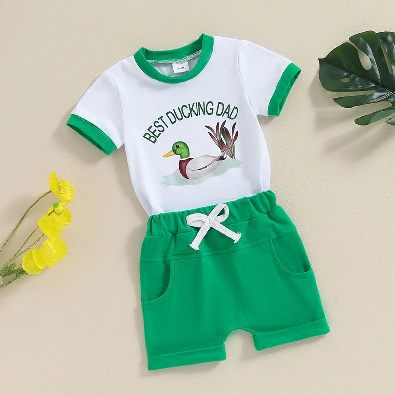 0-3Y Toddler Baby Boys Summer Clothes Sets Short Sleeve Letter Duck Print Tops and Drawstring Shorts Set