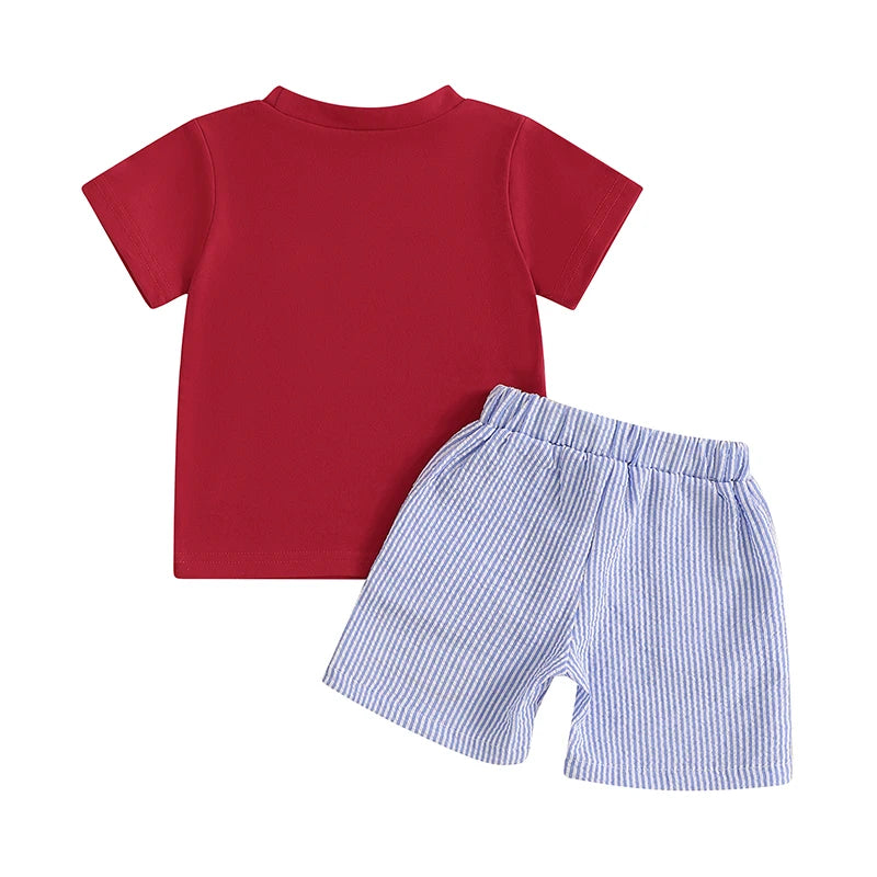 0-4Y Kids Boys American Flag Clothes Sets Letter Embroidery Short Sleeve T-Shirt with Stripe Shorts