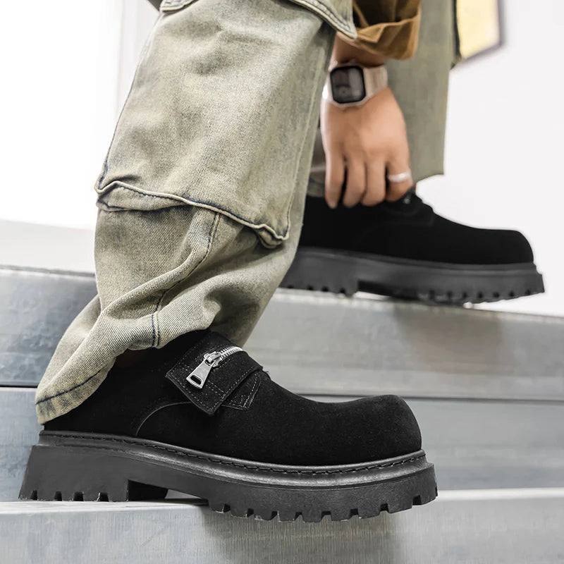 Men's Suede Leather Platform Work Shoes - Zipper Business Sneakers