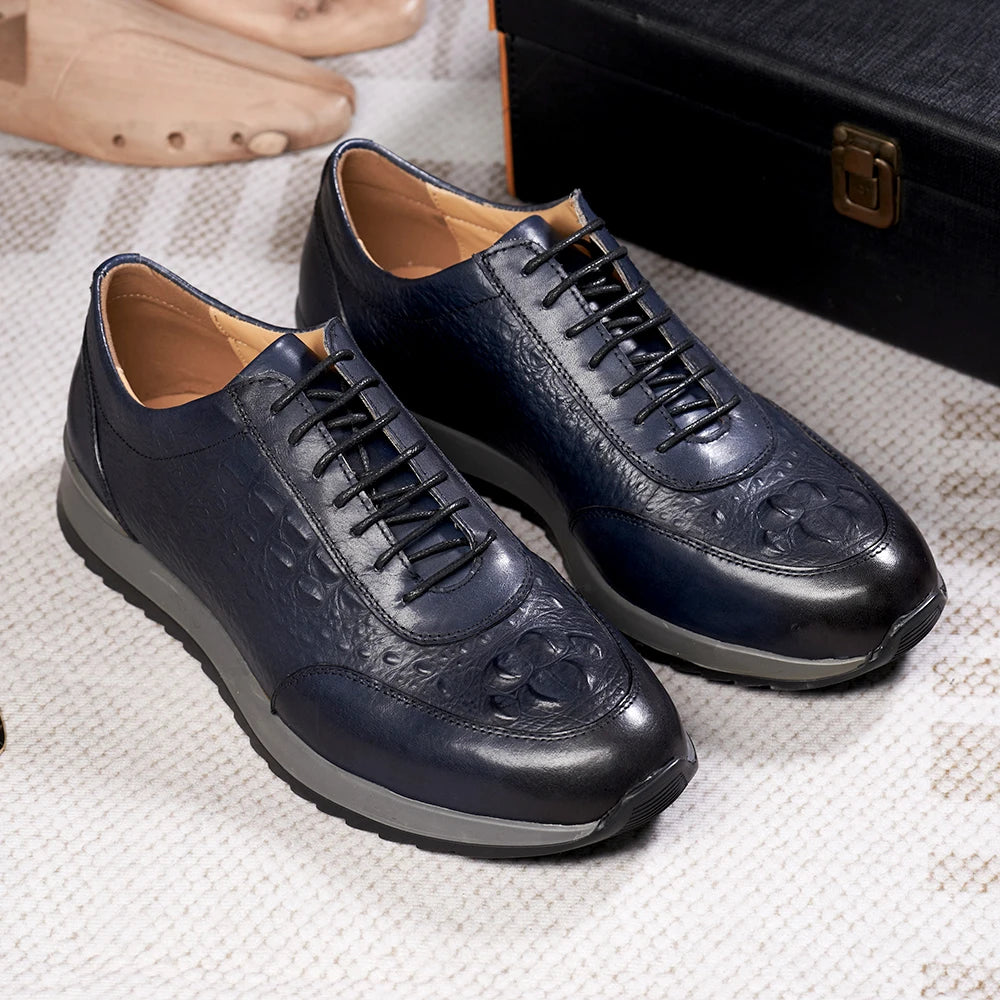 Men's Genuine Leather Crocodile Pattern Oxford Sneakers – Lace-Up Casual Flat Shoes