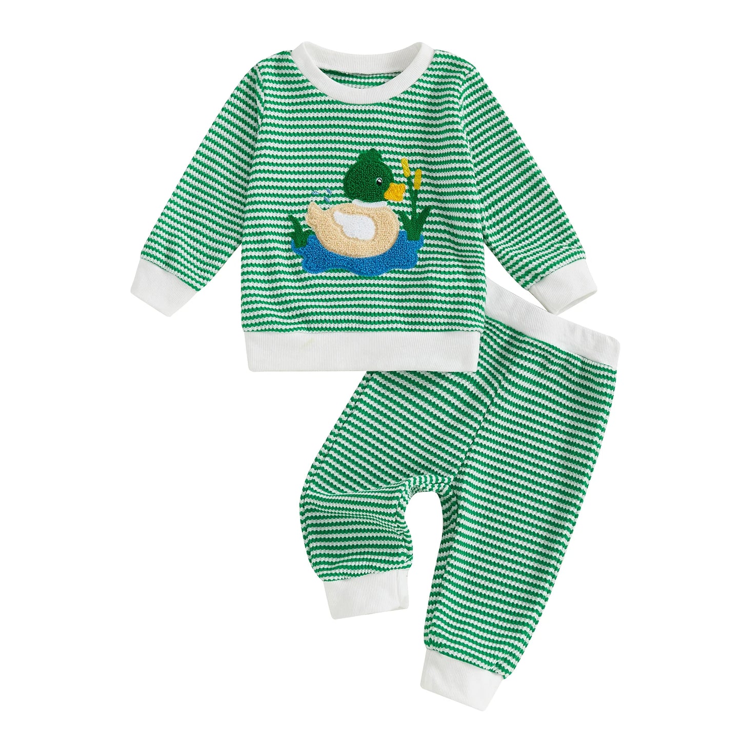 Baby Boy's Outfit Set - Duck/Truck Embroidered Striped Sweatshirt & Pants