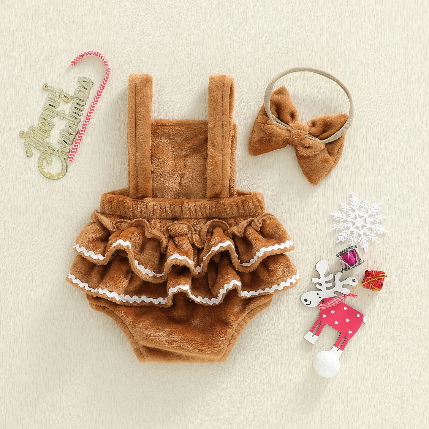 Baby Girls' Christmas Romper Outfit - Gingerbread Man Sleeveless Jumpsuit with Hairband