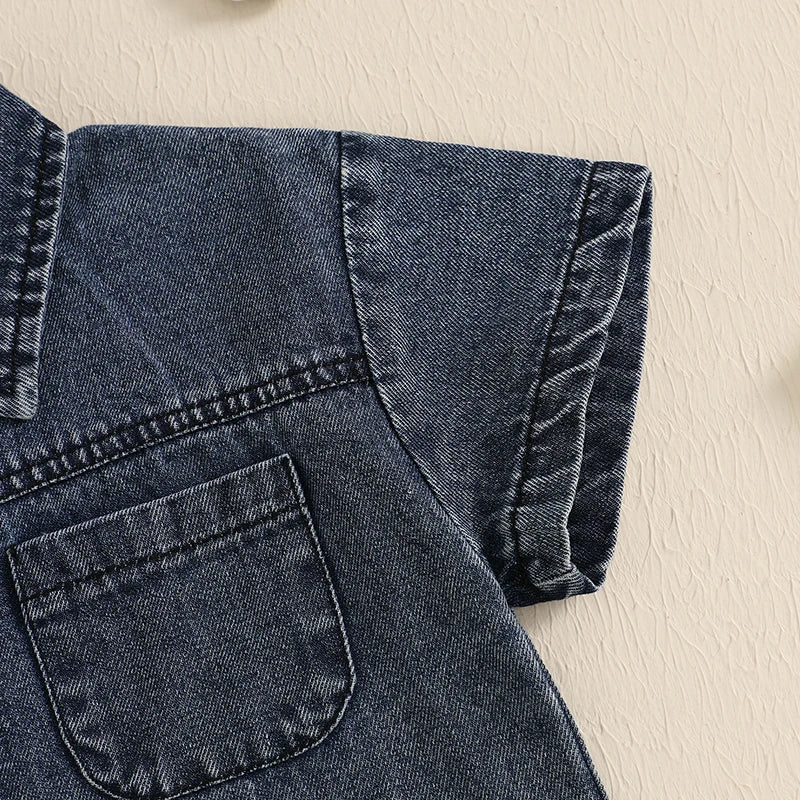 2-6Y  Kids Boys Girls Summer Denim Clothes Sets Short Sleeve Button-down Shirt with Elastic Waist Shorts