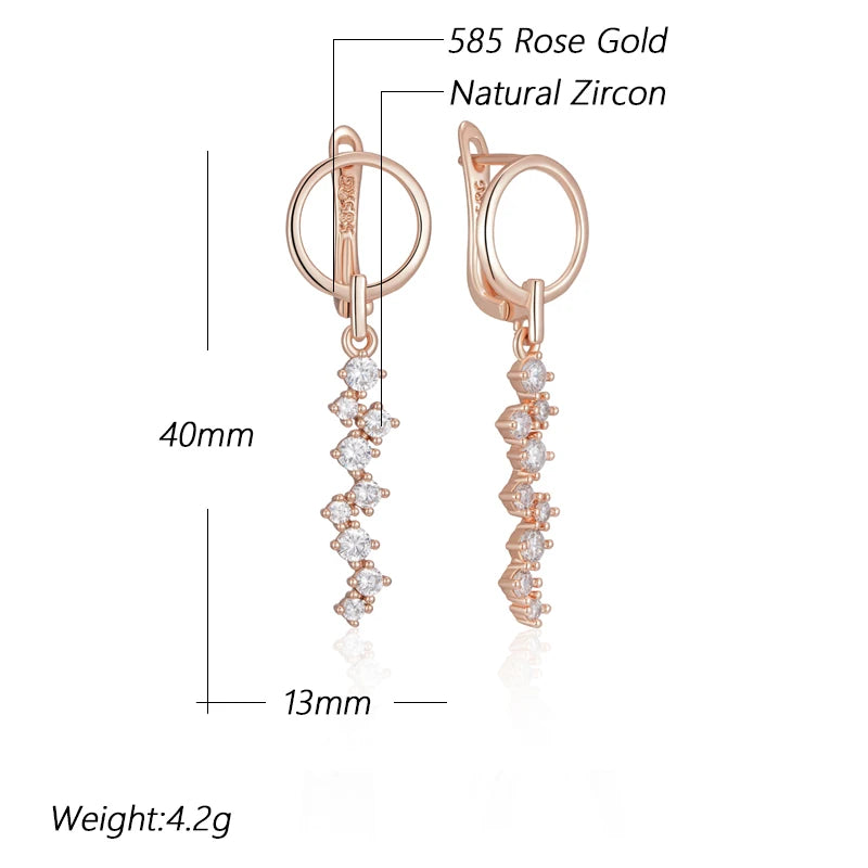 Rose Gold Natural Zircon Long Drop Earrings - Crystal Wedding Jewelry