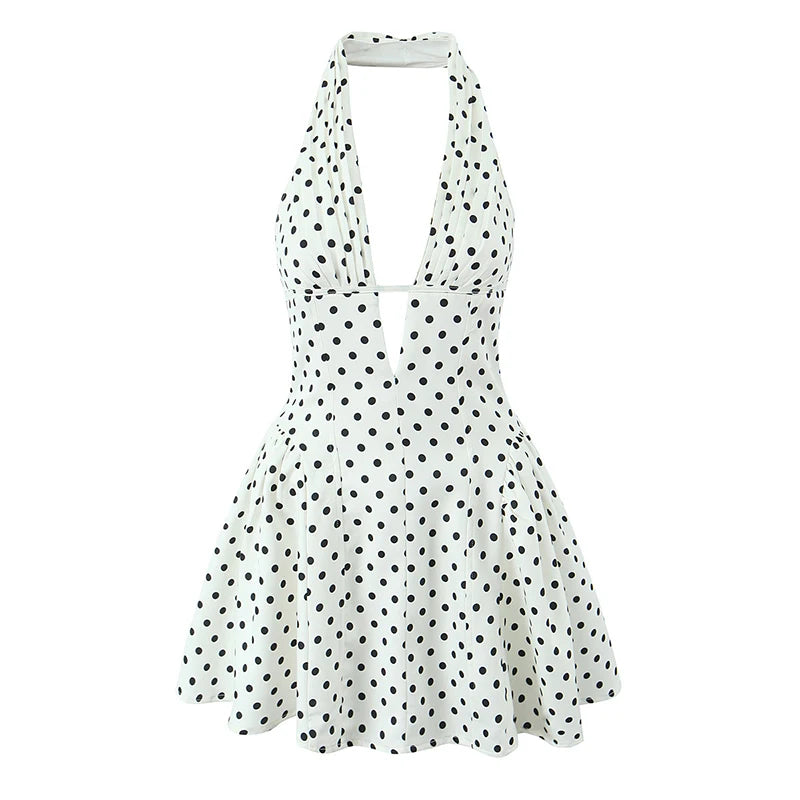 Polka Dot Halter Mini Dress - Deep V Backless A-Line Dress