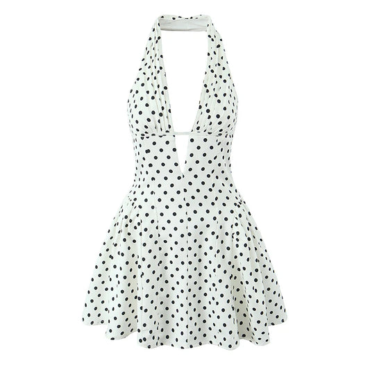 Polka Dot Halter Mini Dress - Deep V Backless A-Line Dress