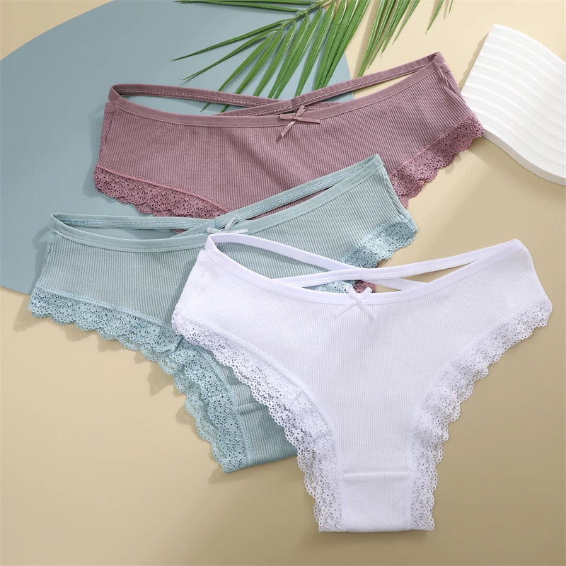 3PCS Women Cotton Underwear Panties Lace Briefs Low-Waist Cross Belt Hollow Out Cozy Lingerie