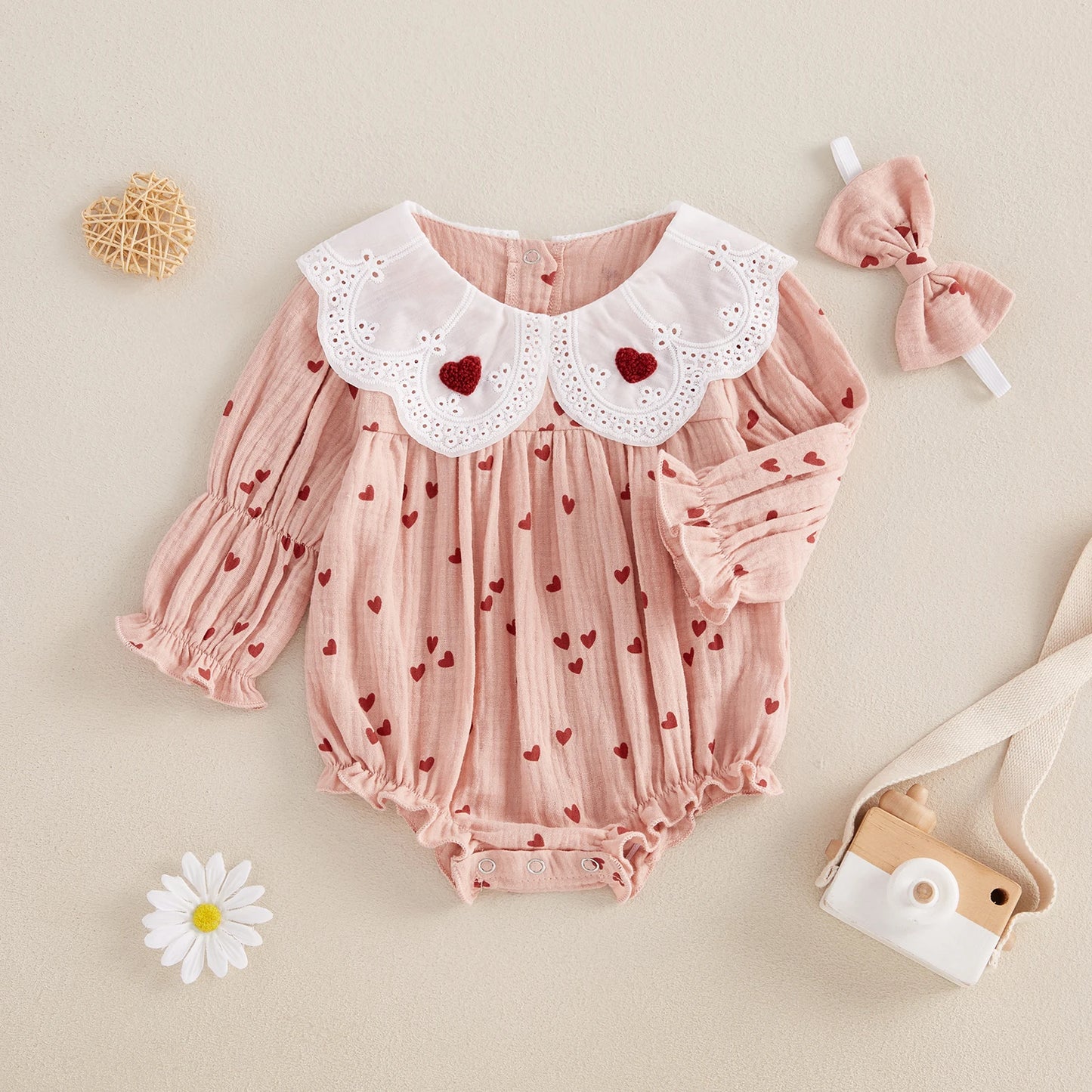 Baby Girls Striped Romper with Heart Embroidery & Hairband Set (0-18M)