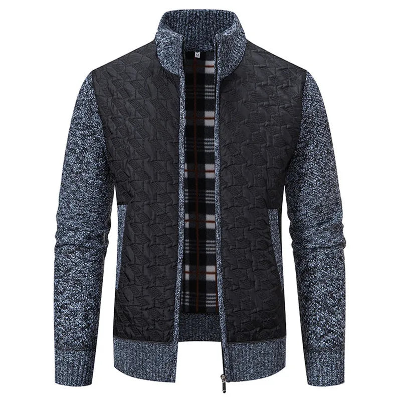 Men's Autumn Winter Slim Stand Collar Knitted Outerwear Coat Casual Knit Patchwork Jacket