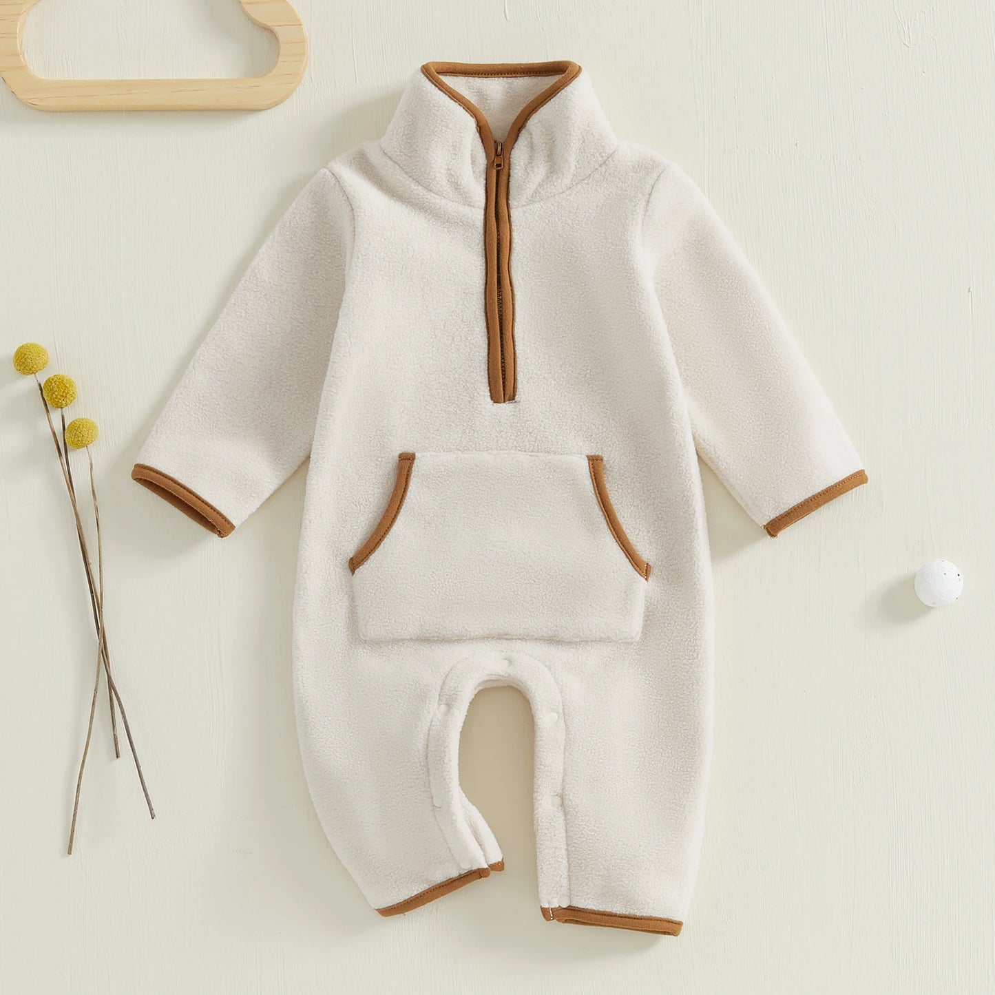 0-12M Baby Boys Fleece Romper Long Sleeve Stand Collar Pockets Plush Overalls Jumpsuits with Zipper